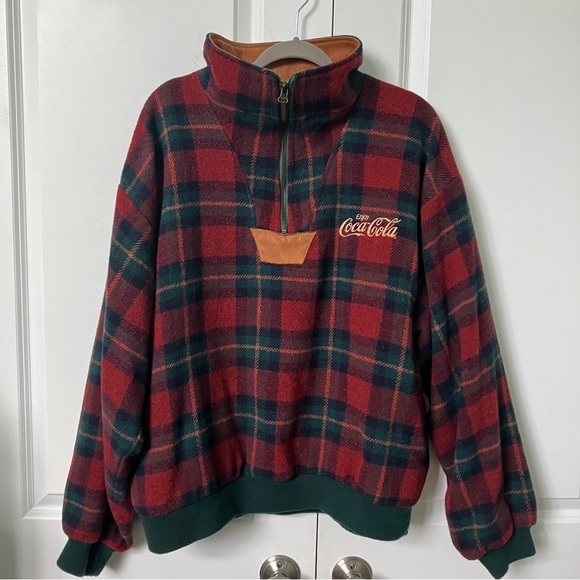 Vintage TriMark Enjoy Coca-Cola Plaid Wool Quarter Zip Lined Sweater Jacket - Picture 2 of 6